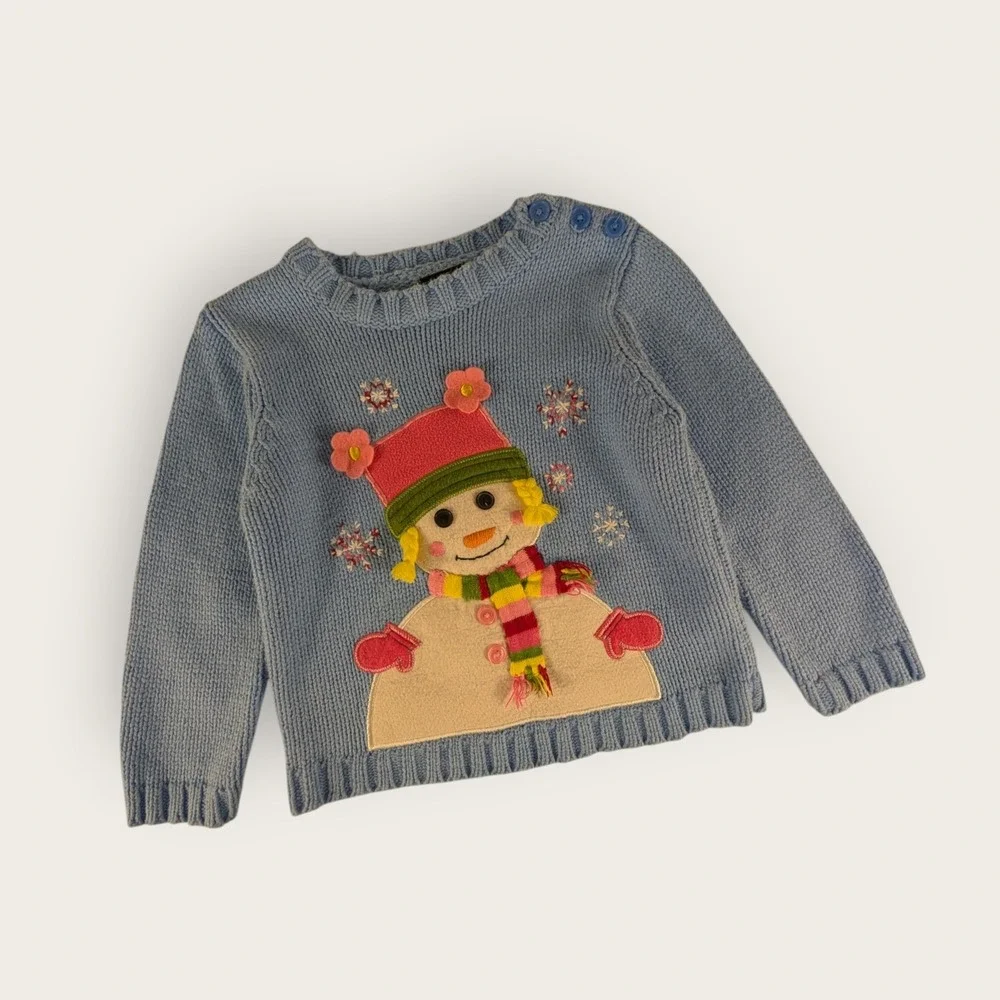 The Childrens Place Snowman Knit Sweater Blue Toddler Girls 3T Winter Holiday